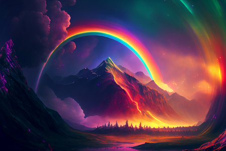 A rainbow arcing over a landscape, the vibrant colors of the spectrum captured in stunning detail, generative ai illustrationの素材