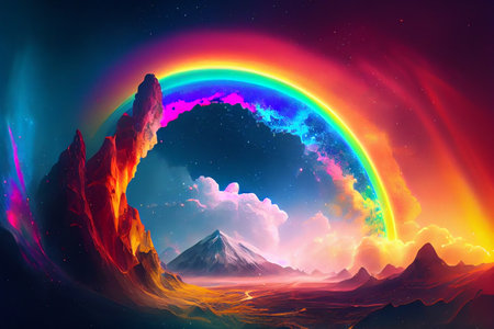 A rainbow arcing over a landscape, the vibrant colors of the spectrum captured in stunning detail, generative ai illustrationの素材