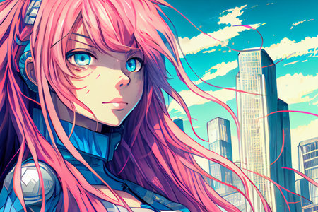 Anime girl with pink long hair standing in front of a city with skyscrapers, generative ai illustration. The colors are soft and dreamy, creating a sense of nostalgia and wonder.の素材