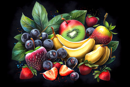 A composition of various fruits including apples, bananas, strawberries, and grapes, generative ai illustration. The colorful assortment of fruits creates a vibrant and inviting display.の素材