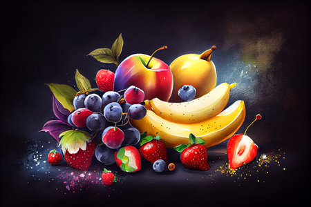 A composition of various fruits including apples, bananas, strawberries, and grapes, generative ai illustration. The colorful assortment of fruits creates a vibrant and inviting display.の素材