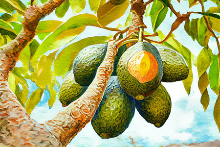 An avocado tree with ripe avocado fruits hanging from its branches, generative ai illustration in watercolor style. The tree is lush and green, and the avocados are plump and ready to be harvested.の素材