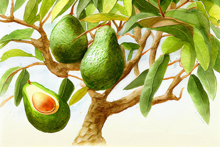An avocado tree with ripe avocado fruits hanging from its branches, generative ai illustration in watercolor style. The tree is lush and green, and the avocados are plump and ready to be harvested.の素材