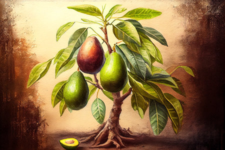 An avocado tree with ripe avocado fruits hanging from its branches, generative ai illustration in watercolor style. The tree is lush and green, and the avocados are plump and ready to be harvested.の素材