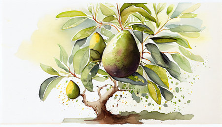 An avocado tree with ripe avocado fruits hanging from its branches, generative ai illustration in watercolor style. The tree is lush and green, and the avocados are plump and ready to be harvested.の素材