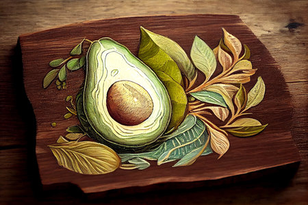 Avocado fruit on a cutting board, still life generative ai illustration with rich colors and contrast in oil painting styleの素材
