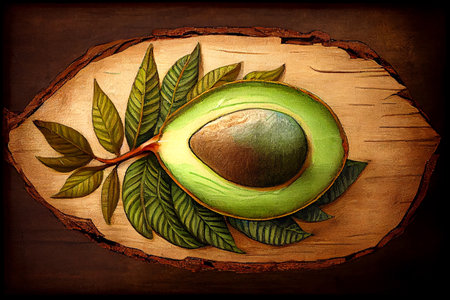 Avocado fruit on a cutting board, still life generative ai illustration with rich colors and contrast in oil painting styleの素材