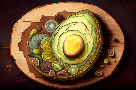 Avocado fruit on a cutting board, still life generative ai illustration with rich colors and contrast in oil painting styleの素材