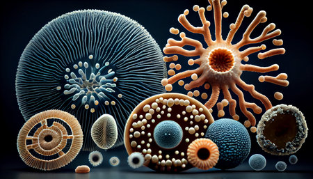 Beautiful microworld, colorful microbes of different shapes, ai generated illustrationの素材