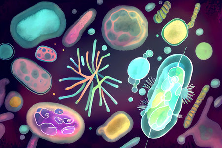 Beautiful microworld, colorful microbes of different shapes, ai generated illustrationの素材