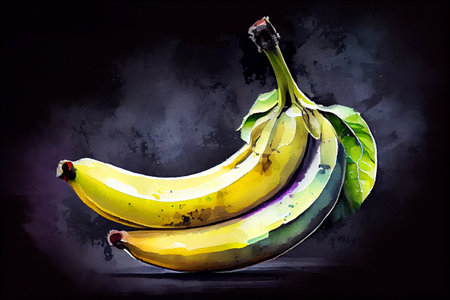 A group of bananas arranged on a dark background, generative ai illustration. The bananas are ripe and yellow, with some brown spots, and their curved shape creates a visually interesting pattern.の素材