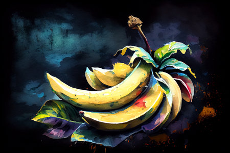 A group of bananas arranged on a dark background, generative ai illustration. The bananas are ripe and yellow, with some brown spots, and their curved shape creates a visually interesting pattern.の素材