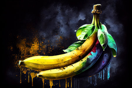 A group of bananas arranged on a dark background, generative ai illustration. The bananas are ripe and yellow, with some brown spots, and their curved shape creates a visually interesting pattern.の素材