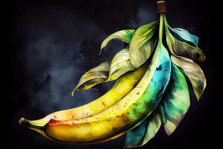A group of bananas arranged on a dark background, generative ai illustration. The bananas are ripe and yellow, with some brown spots, and their curved shape creates a visually interesting pattern.の素材