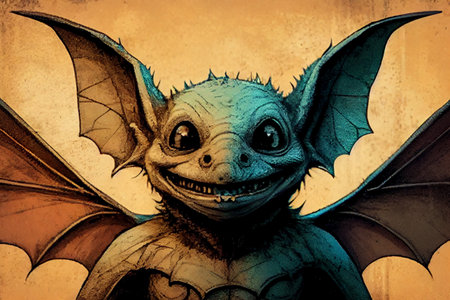 A whimsical portrait of a charming and amusing bat, with expressive features and delicate details, generative ai illustration in hand drawing styleの素材
