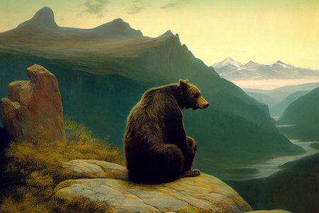 A bear sitting on a rocky outcropping, gazing longingly at the distant mountains, ai generated illustration in oil painting styleの素材