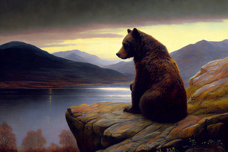 A bear sitting on a rocky outcropping, gazing longingly at the distant mountains, ai generated illustration in oil painting styleの素材