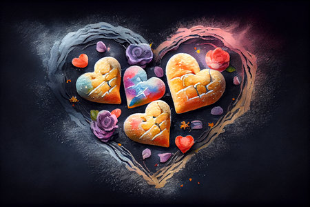 Home-made heart-shaped biscuits on dark background, generative ai illustration in hand drawing styleの素材