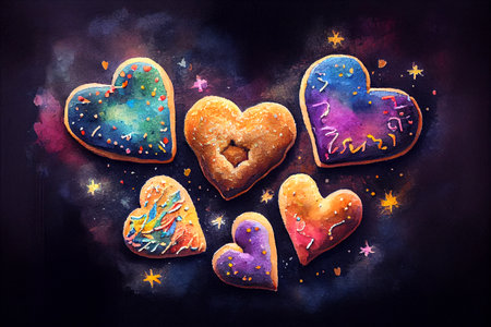 Home-made heart-shaped biscuits on dark background, generative ai illustration in hand drawing styleの素材
