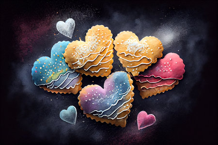 Home-made heart-shaped biscuits on dark background, generative ai illustration in hand drawing styleの素材