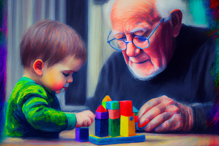 A boy playing with toys alongside his grandfather, generative ai illustration evoking a sense of family bonding and intergenerational connection, oil pastel drawing styleの素材