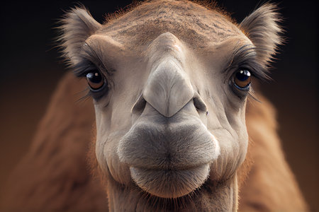 A photorealistic portrait of a camel, capturing the intricate details and textures of the animal's features and emphasizing its unique beauty and resilience, generative ai illustrationの素材
