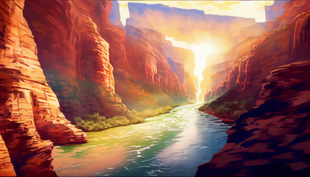 A breathtaking view of a canyon or gorge with towering cliffs on both sides and a river running through the bottom, creating a stunning natural landscape, generative ai illustration in watercolor styleの素材