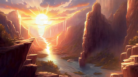 A breathtaking view of a canyon or gorge with towering cliffs on both sides and a river running through the bottom, creating a stunning natural landscape, generative ai illustration in watercolor styleの素材