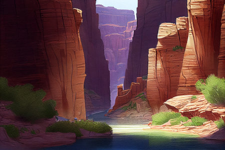 A breathtaking view of a canyon or gorge with towering cliffs on both sides and a river running through the bottom, creating a stunning natural landscape, generative ai illustration in watercolor styleの素材
