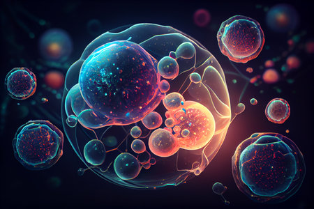 Human cells of different shape and color under microscope, generative ai illustrationの素材