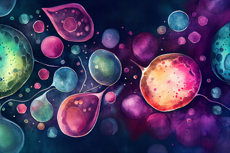 Human cells of different shape and color under microscope, generative ai illustrationの素材