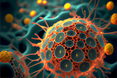 Human cells of different shape and color under microscope, generative ai illustrationの素材