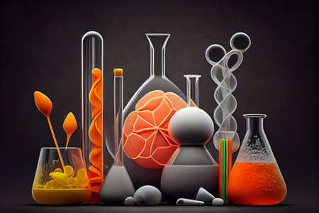 Laboratory, chemical tubes and flasks of different shape and color, ai generated illustrationの素材