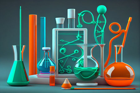 Laboratory, chemical tubes and flasks of different shape and color, ai generated illustrationの素材