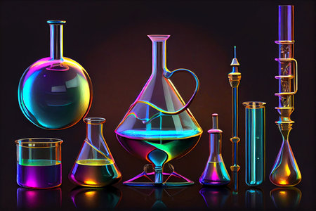Laboratory, chemical tubes and flasks of different shape and color, ai generated illustrationの素材