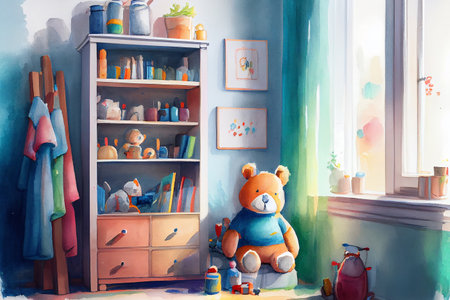 A charming illustration of a child's room interior with playful elements and warm colors, generative ai illustration in watercolor styleの素材