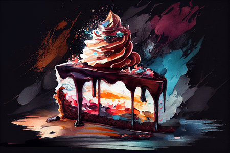 A slice of rich, home-made chocolate cake on a plate, generative ai illustration in watercolor styleの素材