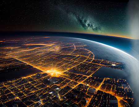 A bird's eye view of a bustling metropolis at night as seen from space, photorealistic generative ai illustrationの素材