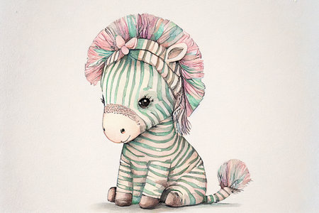 A cute zebra with pastel colors and kawaii style, featuring a sweet expression and a fluffy mane, generative ai illustration in watercolor styleの素材