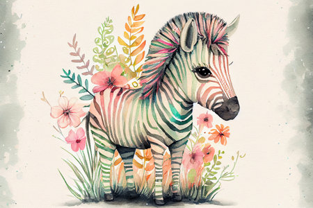 A cute zebra with pastel colors and kawaii style, featuring a sweet expression and a fluffy mane, generative ai illustration in watercolor styleの素材