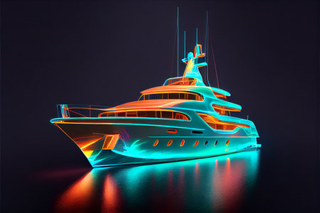 A holographic image of a futuristic yacht, with sleek lines and advanced technology, generative ai illustration in 3D styleの素材