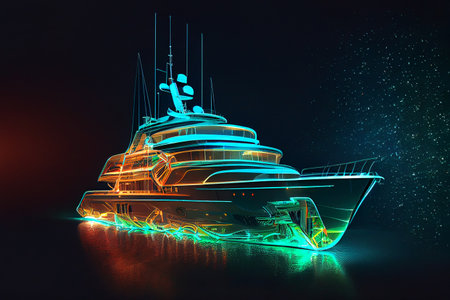 A holographic image of a futuristic yacht, with sleek lines and advanced technology, generative ai illustration in 3D styleの素材