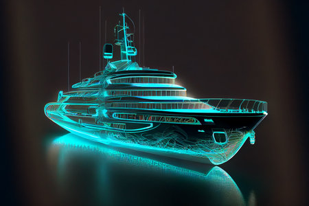 A holographic image of a futuristic yacht, with sleek lines and advanced technology, generative ai illustration in 3D styleの素材