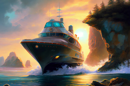 Futuristic beautiful yacht, with sleek lines and advanced technology, generative ai illustration in oil painting styleの素材