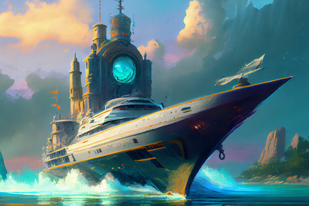Futuristic beautiful yacht, with sleek lines and advanced technology, generative ai illustration in oil painting styleの素材
