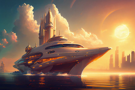 Futuristic beautiful yacht, with sleek lines and advanced technology, generative ai illustration in oil painting styleの素材