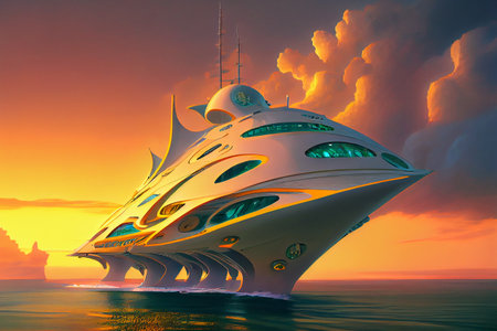 Futuristic yacht, with sleek lines and advanced technology, photorealistic generative ai illustrationの素材