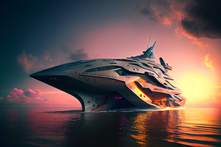 Futuristic yacht, with sleek lines and advanced technology, photorealistic generative ai illustrationの素材