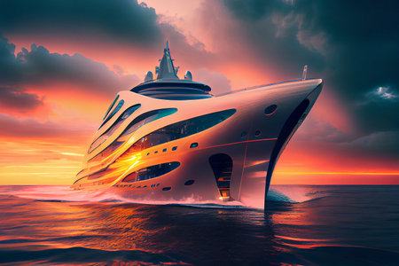 Futuristic yacht, with sleek lines and advanced technology, photorealistic generative ai illustrationの素材