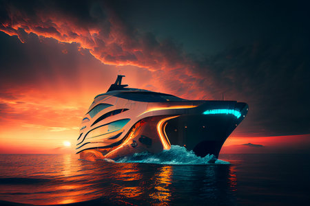 Futuristic yacht, with sleek lines and advanced technology, photorealistic generative ai illustrationの素材